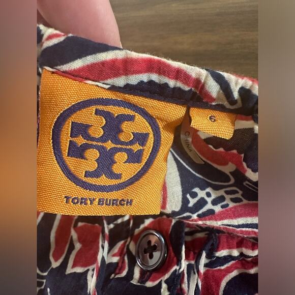 Tory Burch Cotton Silk Blend Wave Print Button Front Boho Blouse Tassels Size 6 - Picture 5 of 7